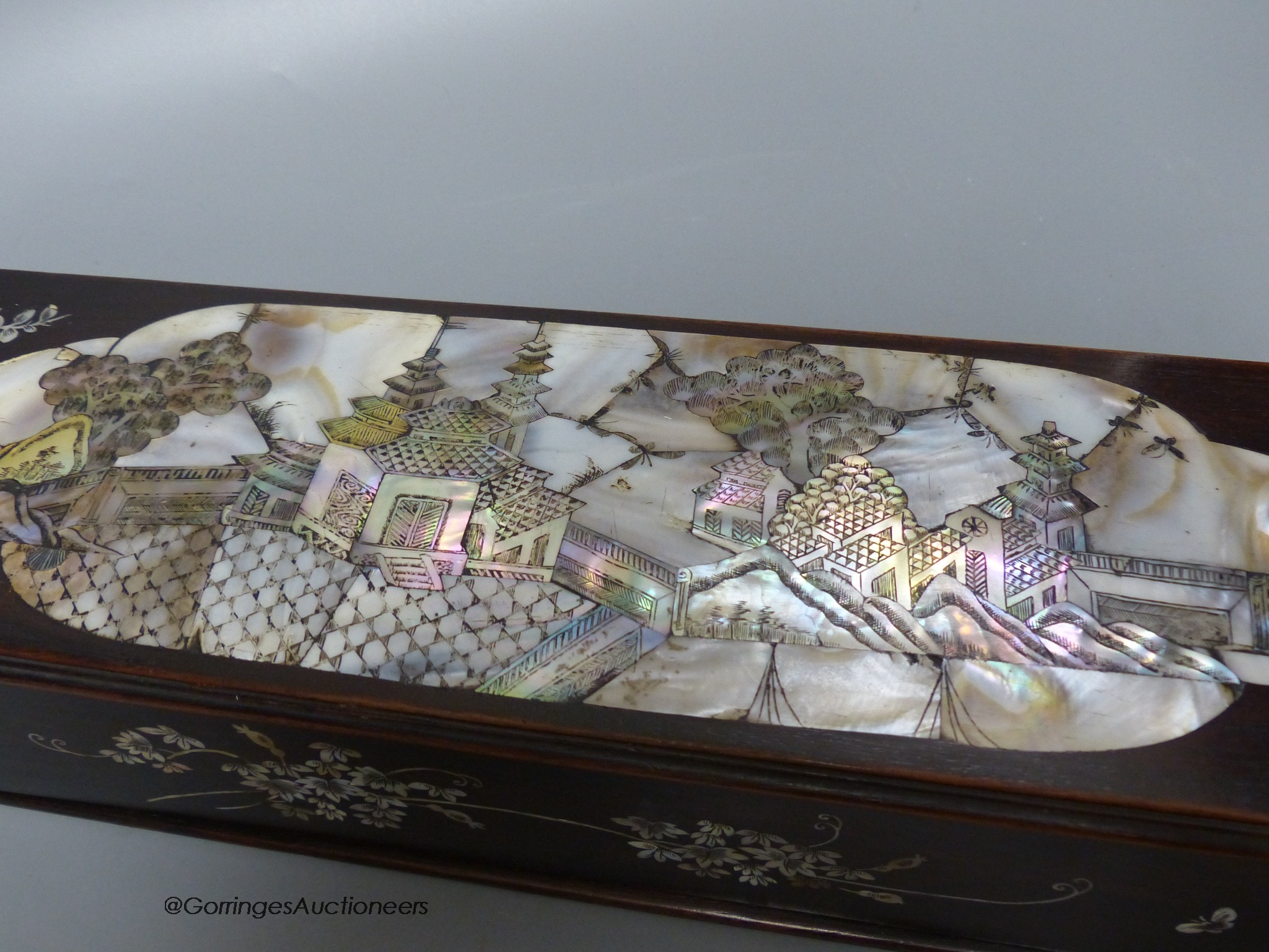 A Chinese Hongmu and mother of pearl brush box, 40cm long